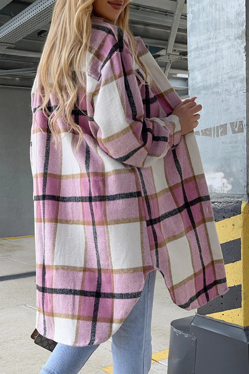 Plaid Patchwork Buckle Turndown Collar Outerwear A287710