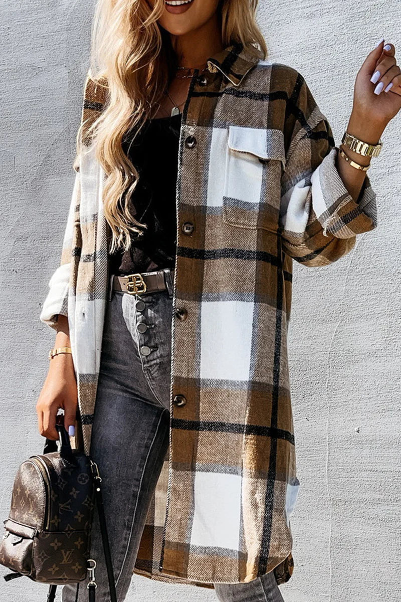 Plaid Patchwork Buckle Turndown Collar Outerwear A287710