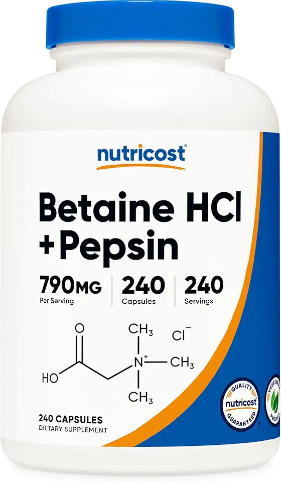 Betaine HCl + Pepsin 790mg 240 Capsules Gluten Free Non-GMO U64835