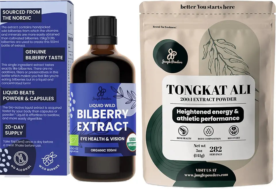 Tongkat Ali 200:1 Extract 5 Ounce Powder and Organic Bilberry Extract 3.4 oz X83329