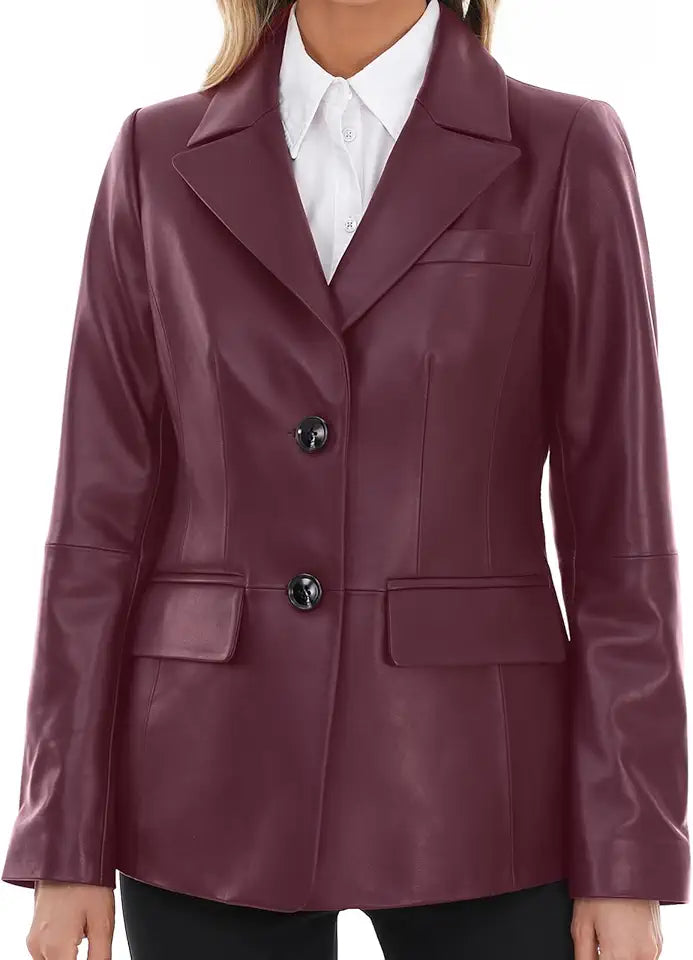 Lambskin Leather Jacket Women Long Sleeve Button Front Y34372