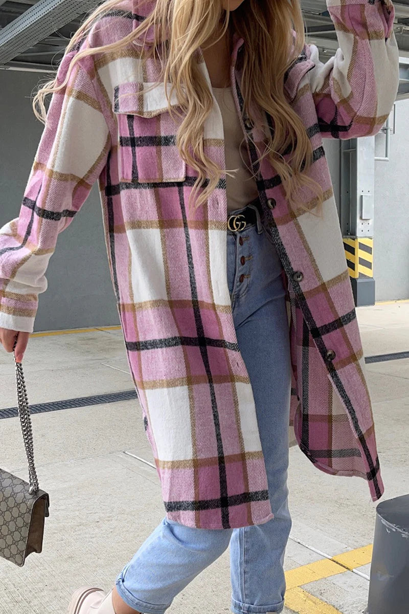 Plaid Patchwork Buckle Turndown Collar Outerwear A287710